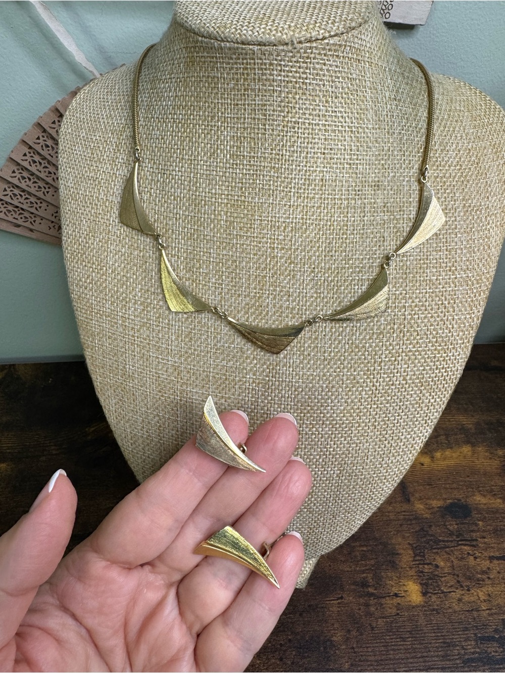 Vintage German Made Gold Fan-Shaped Necklace and Clip On Earrings Set